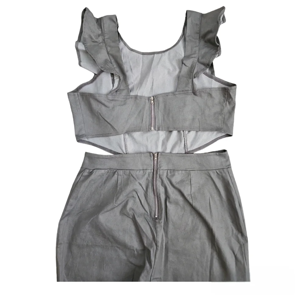Women's Flutter Ruffle Trim Cutout Waist Jumpsuit Gray